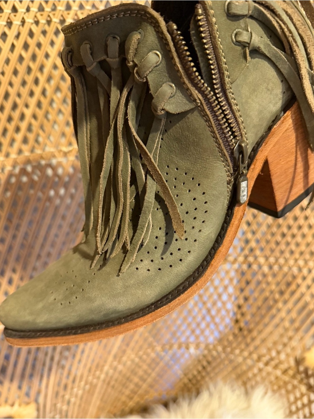 LIBERTY Black Olive Green Suede Fringe Ankle Booties